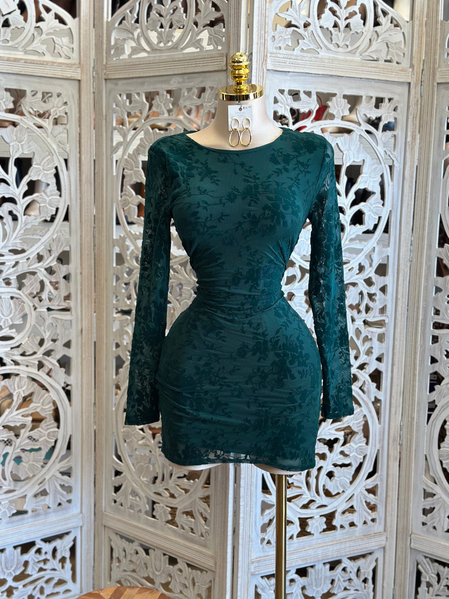 Deep Green Velvet Floral Cutout Mini Dress- Stretchy,Estira