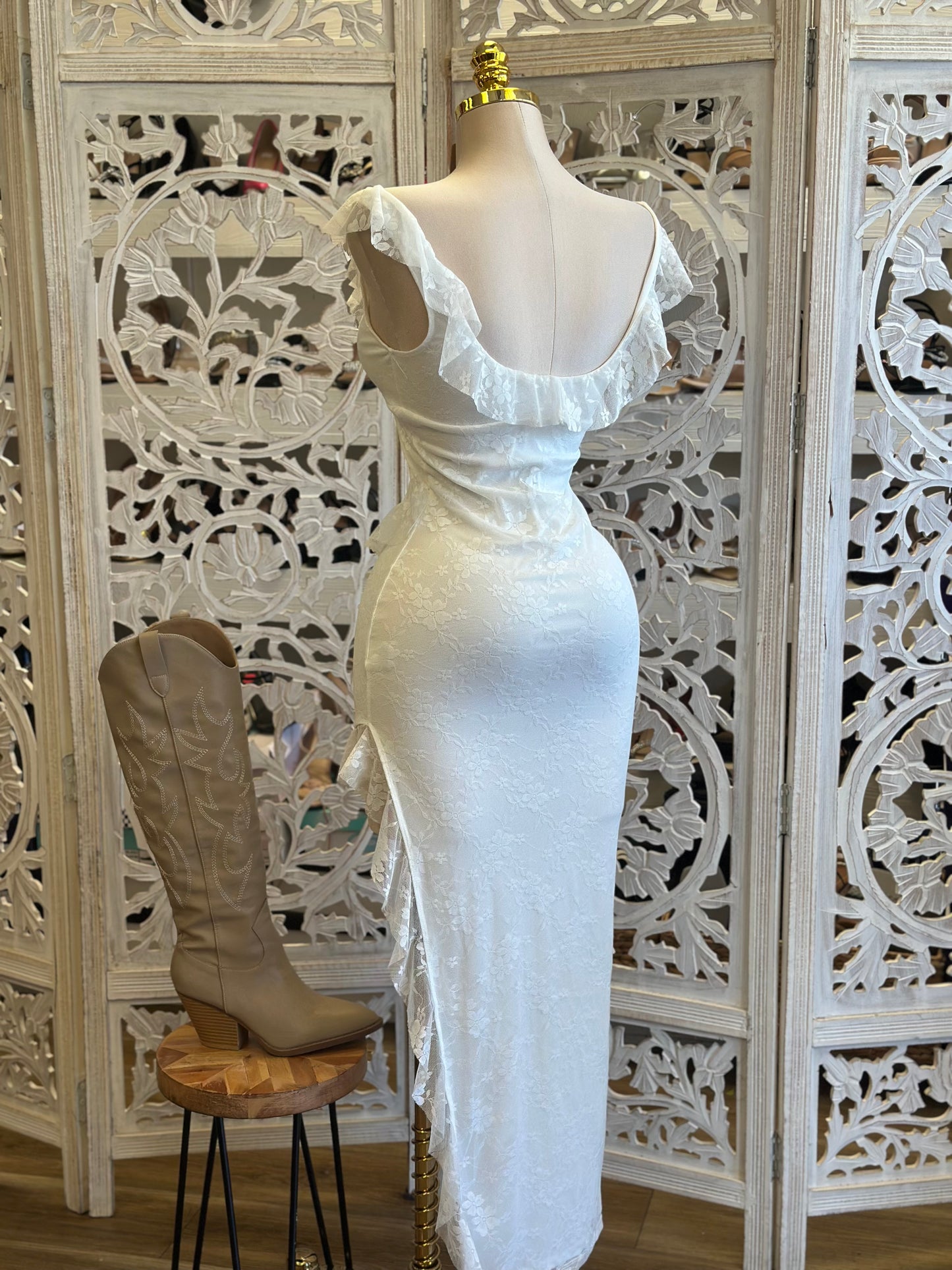 Boho Lace Oval Slit Dress-Estira, Stretchy