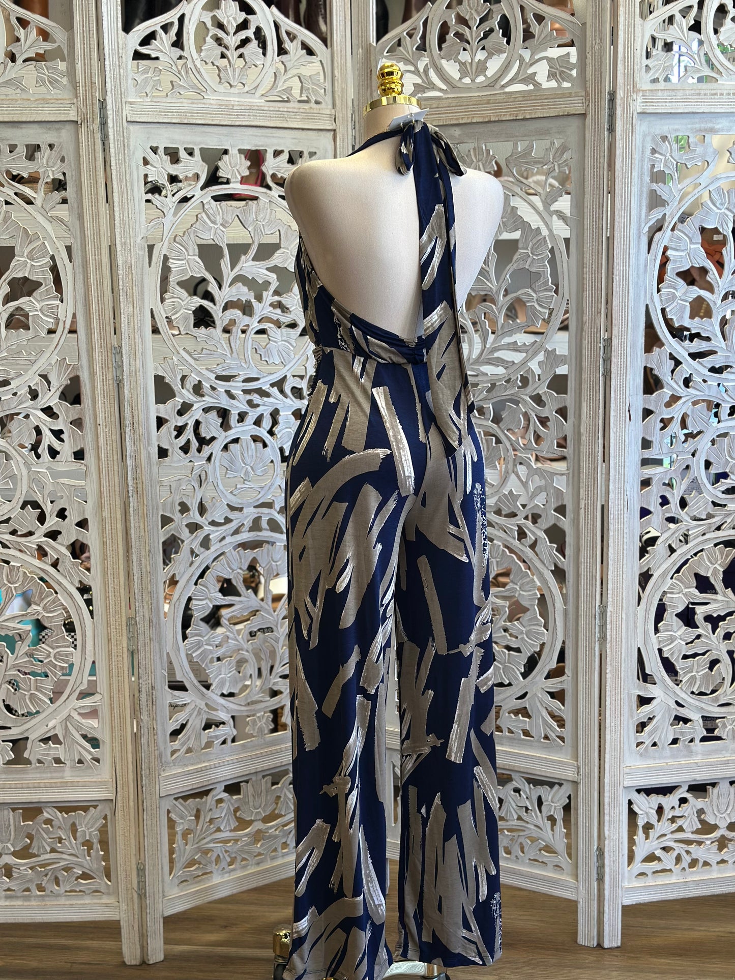 Deep Blue Pattern Jumpsuit - Stretchy,Estira