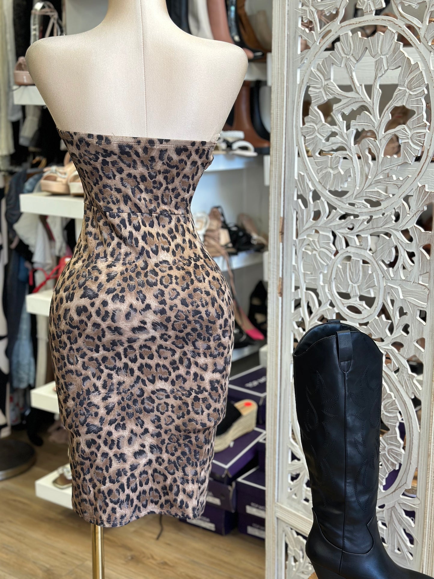 Strapless Cheetah Print Dress - Estira, Stretchy