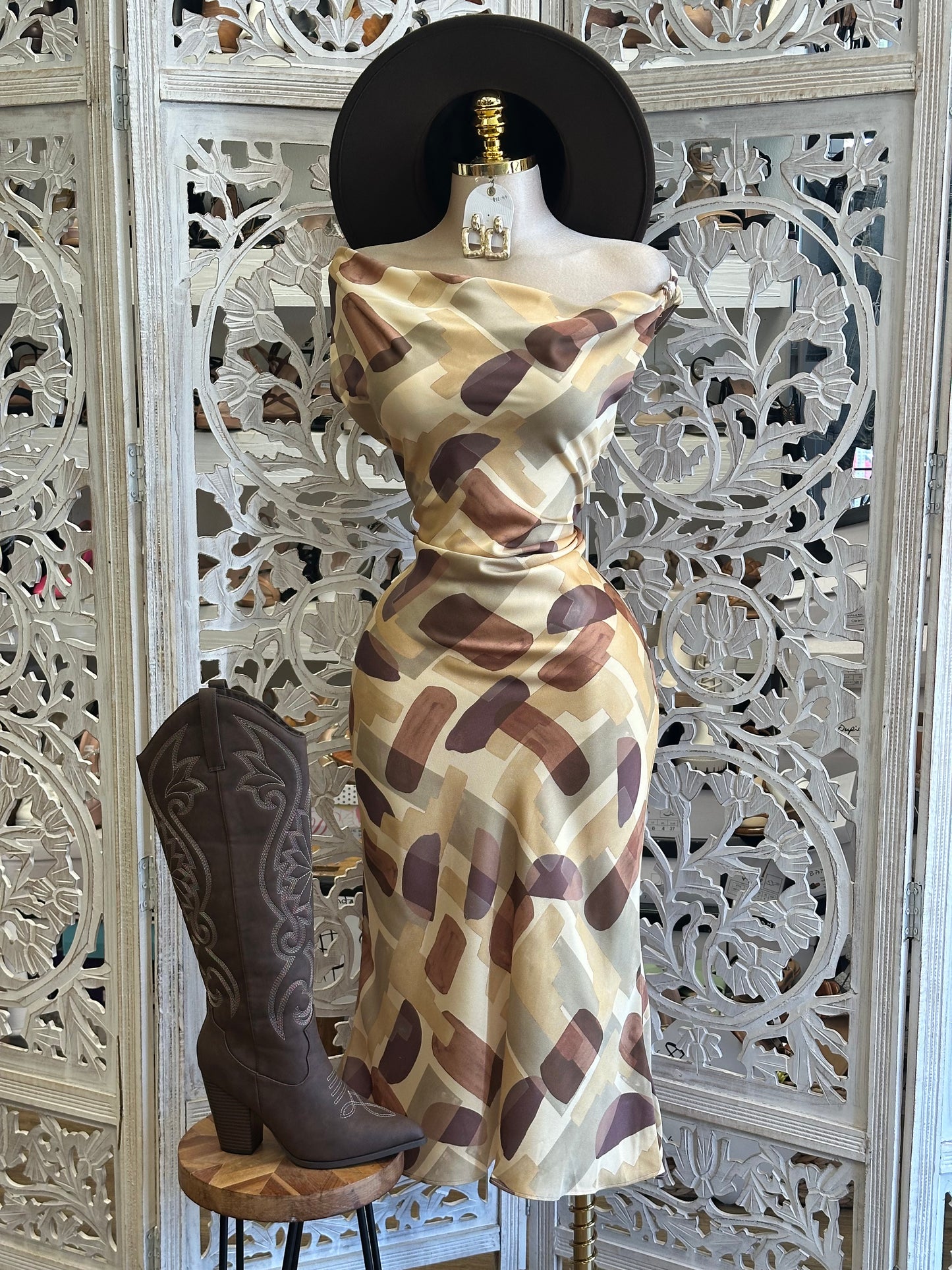 Abstract Brushstroke Satin Dress-Not Stretchy, No Estira
