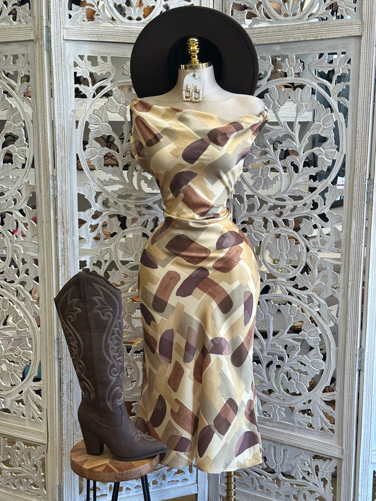 Abstract Brushstroke Satin Dress-Not Stretchy, No Estira