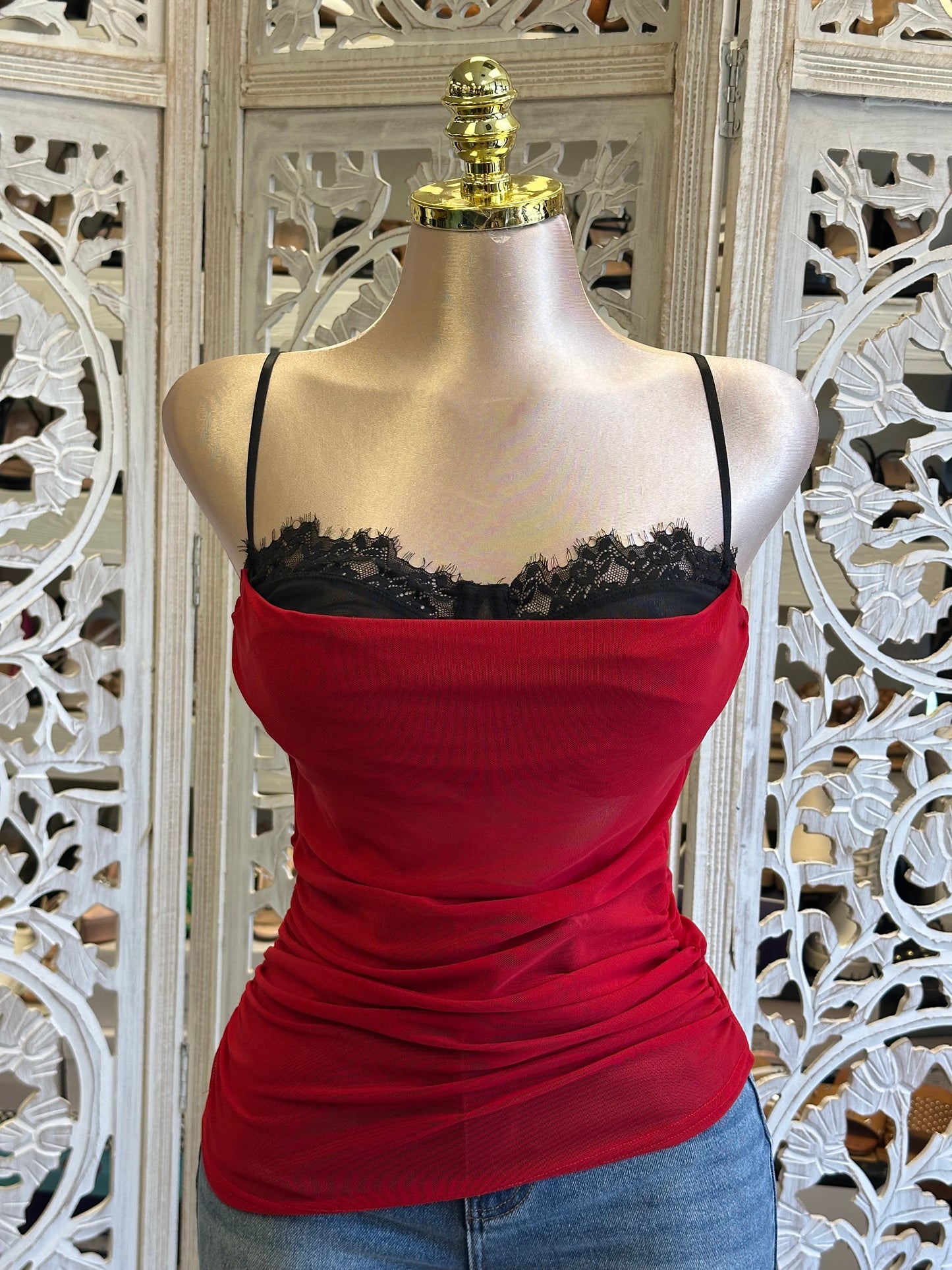 Peek Lace Red  Top- Estira , Stretchy