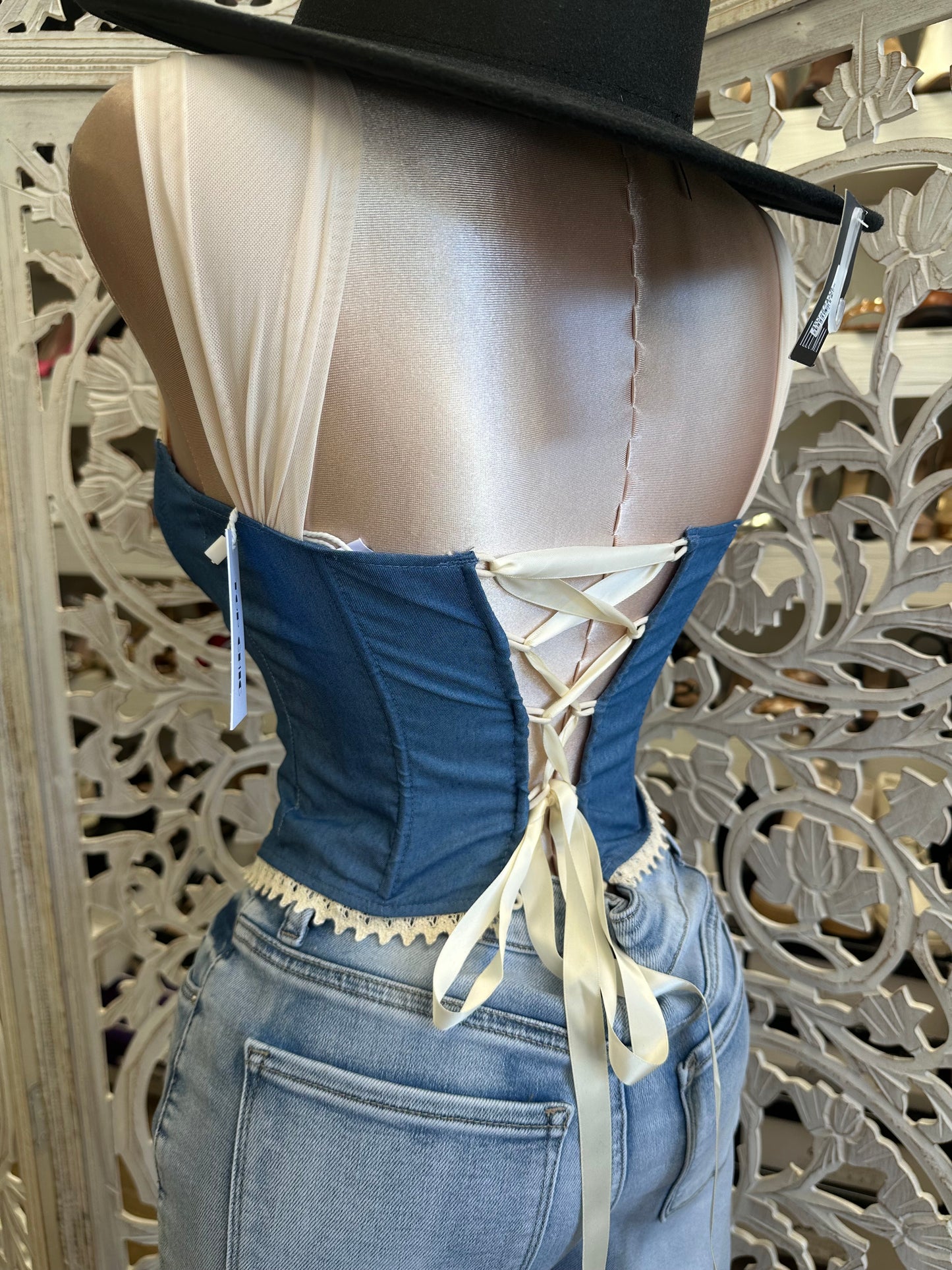Lace Lined Denim Top- Estira, Stretchy