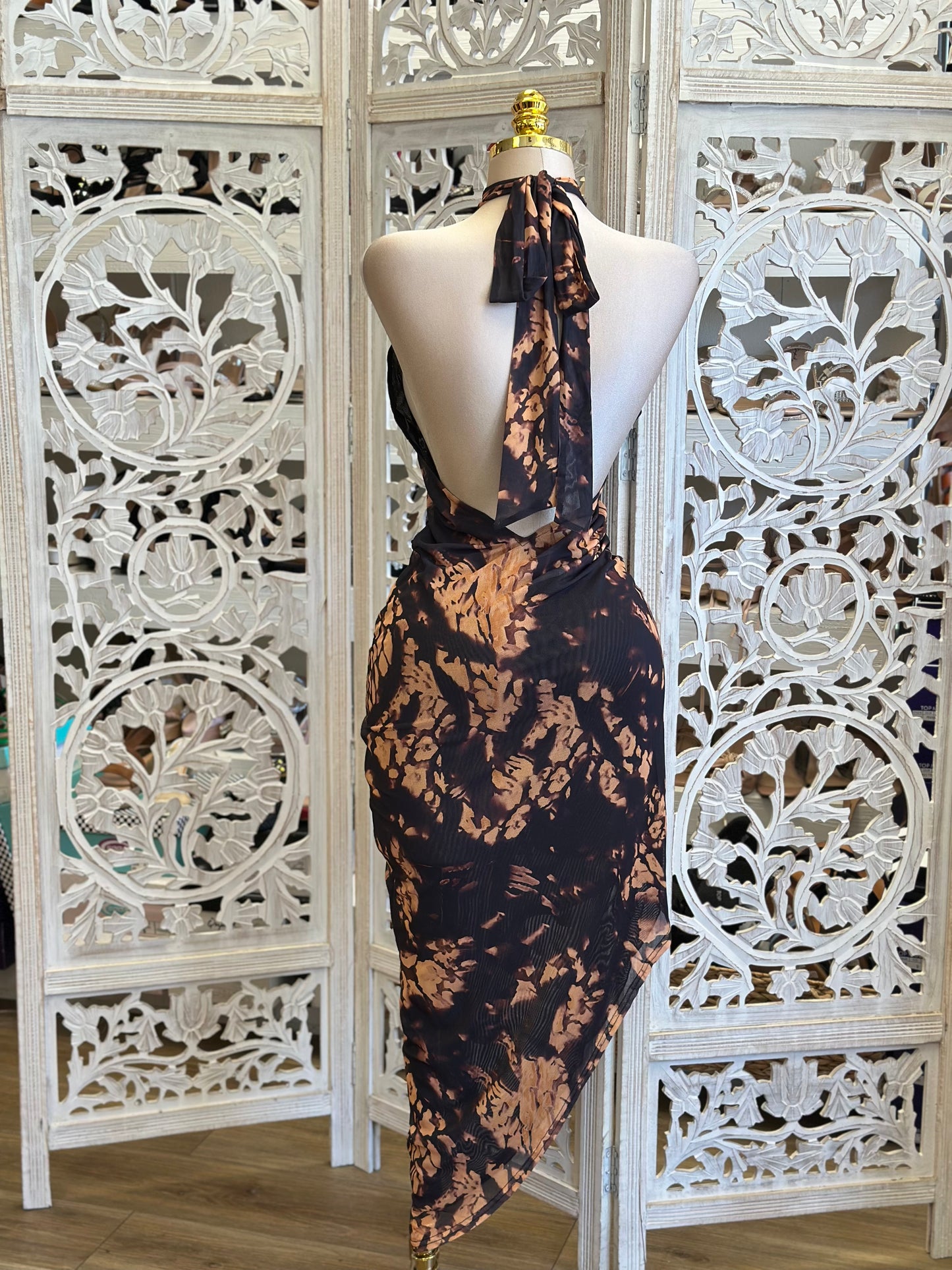High Neck Brown and Black Midi Dress-Estira, Stretchy