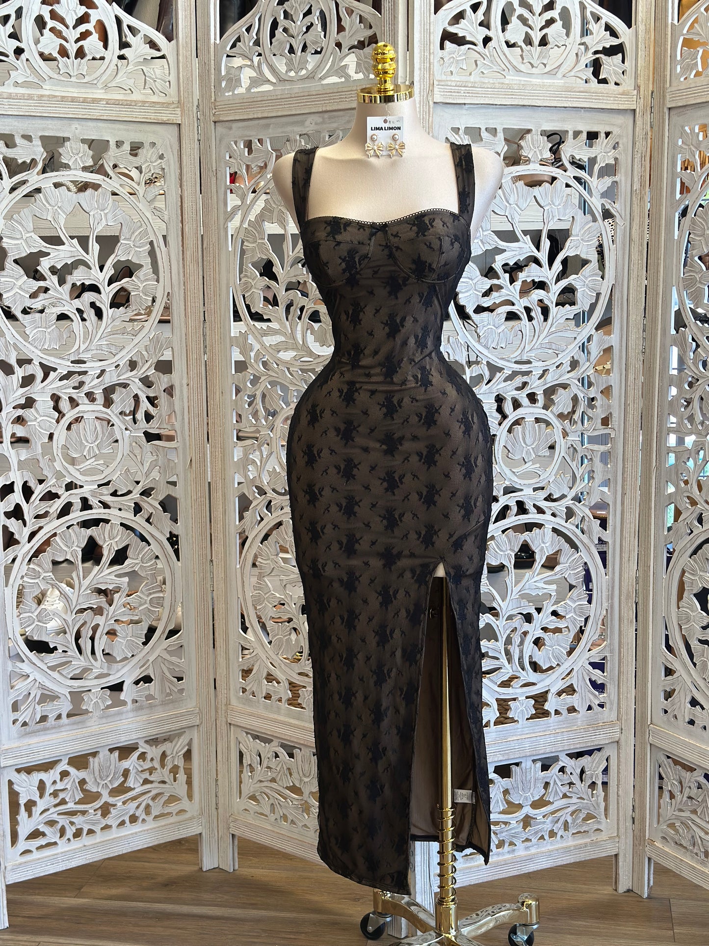 Nude and Black Lace Bodycon Midi Dress- Stretchy ,