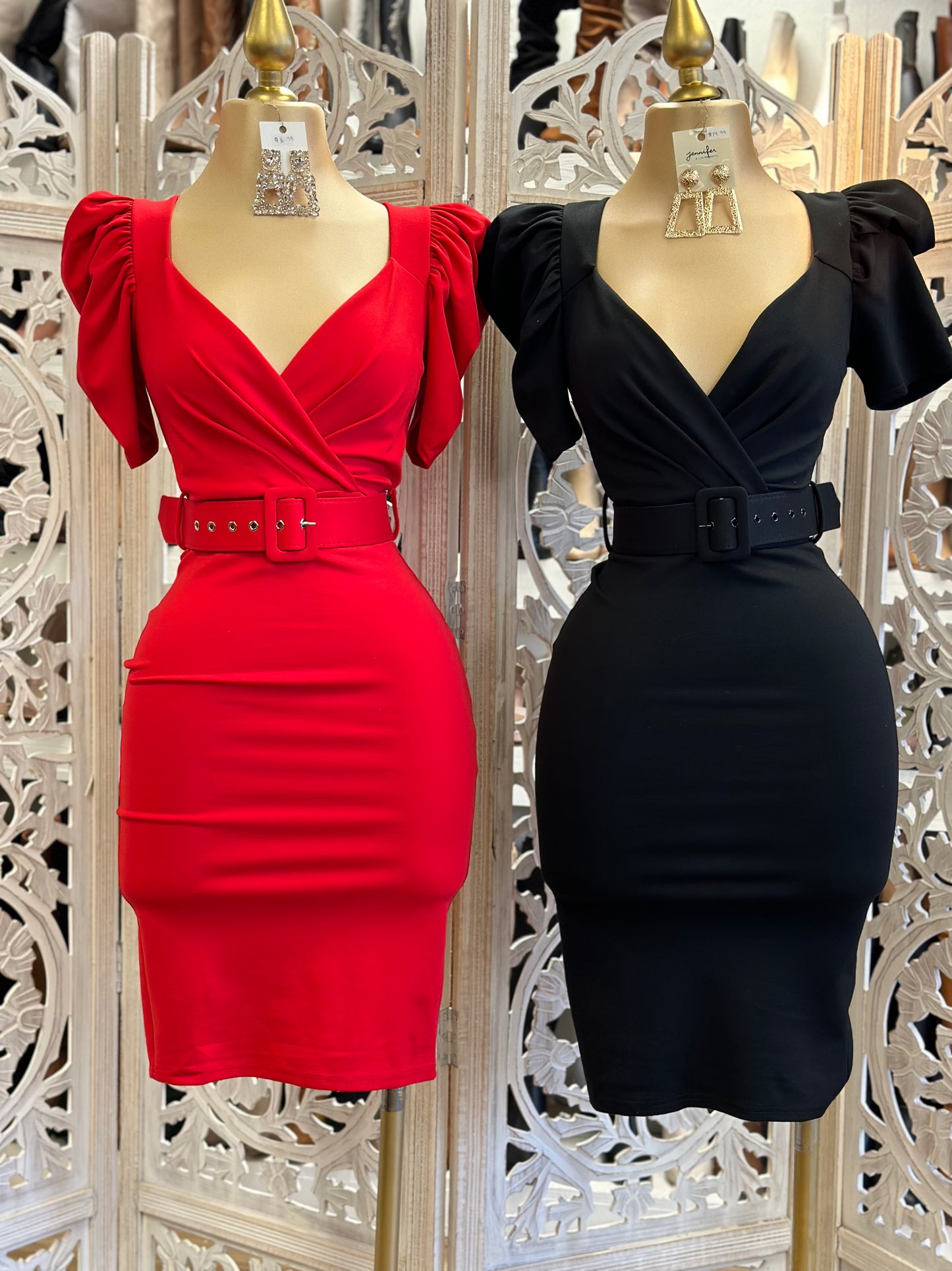 Scrunched Sleeve Midi Dress with Belt