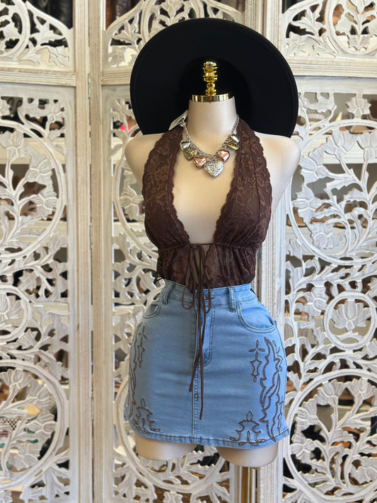 Denim Western Embroidered Mini Skirt- Stretchy , Estira