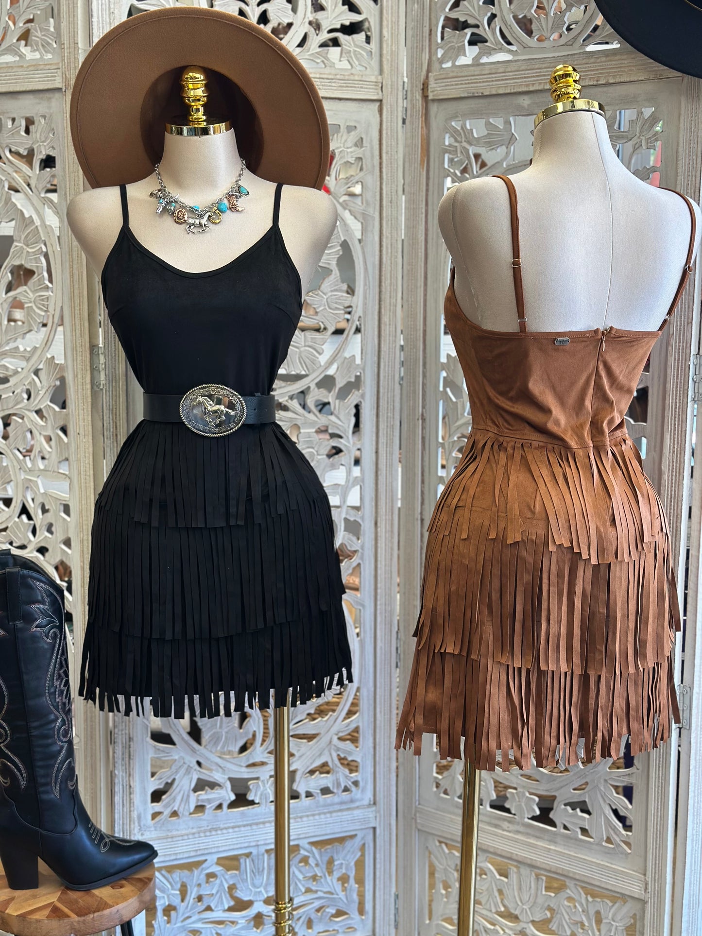 Suede Fringe Cami Dress- No Stretchy, No Estira