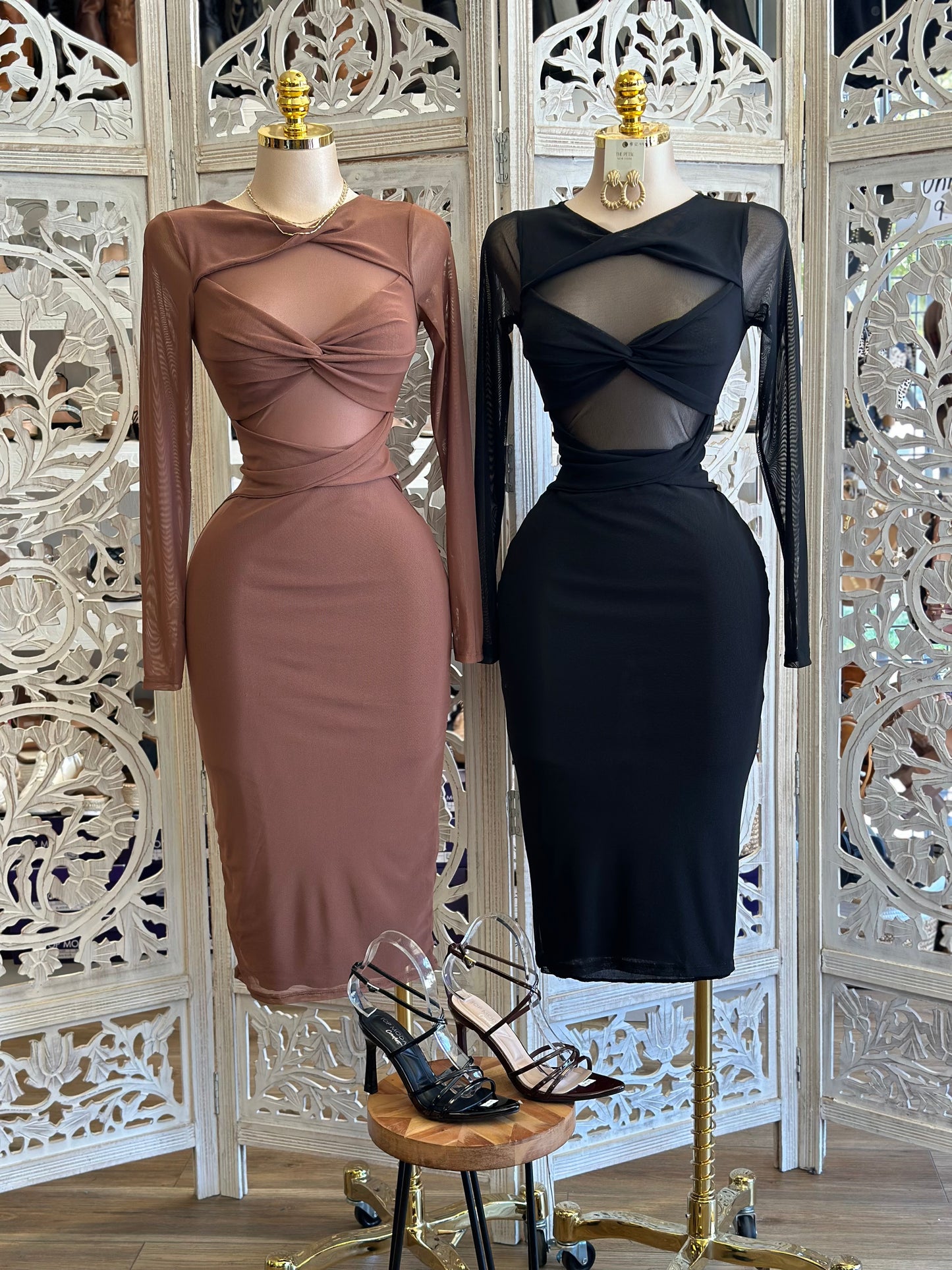 Knotted Long Sleeve Mesh Midi Dress - Estira, Stretchy