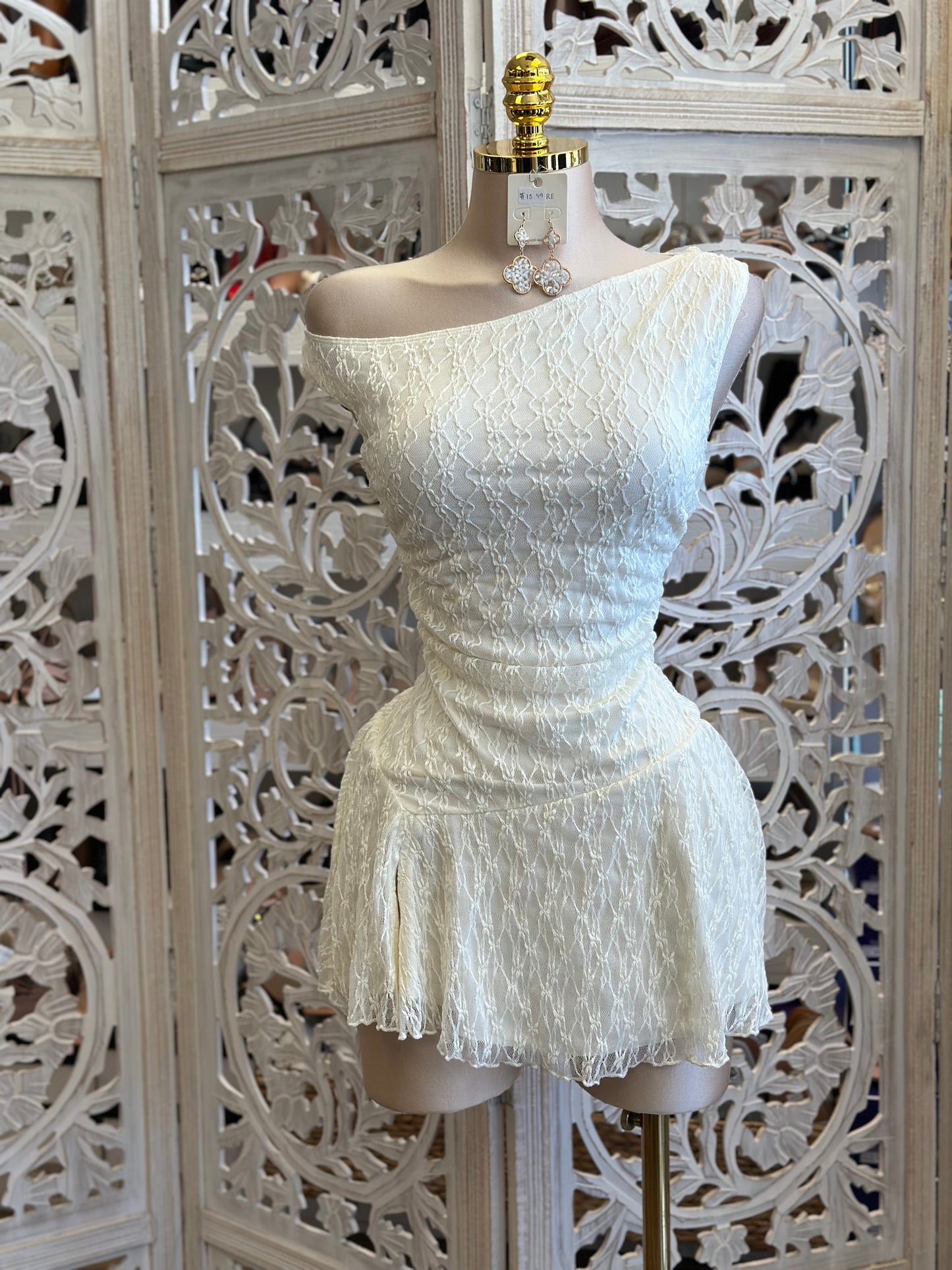 Asymmetrical Ivory Mini Lace Dress- Slightly Stretchy , Estira Poco