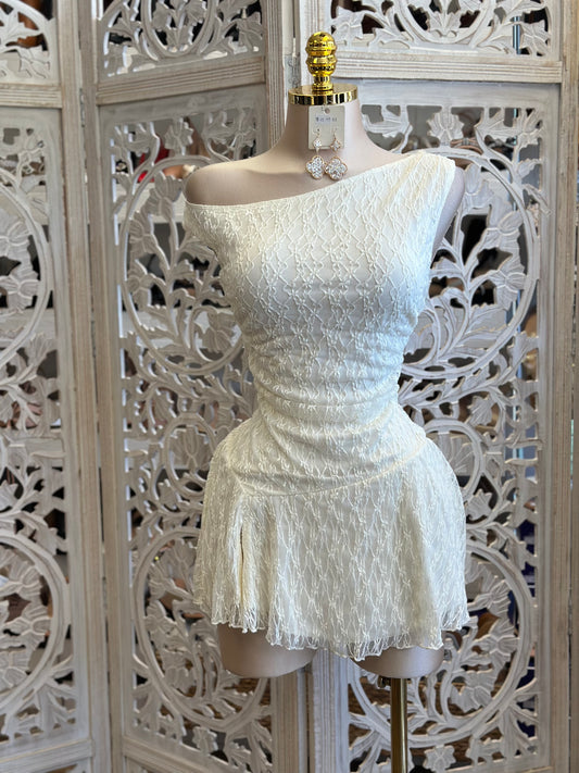 Asymmetrical Ivory Mini Lace Dress- Slightly Stretchy , Estira Poco