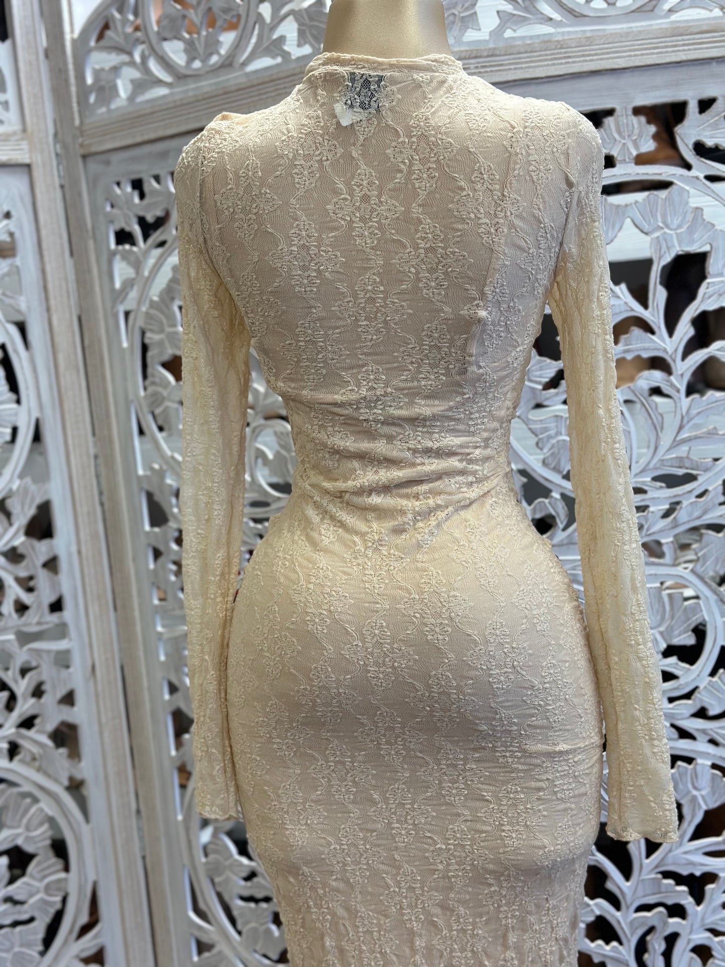 Beige Lace Maxi Dress Stretchy