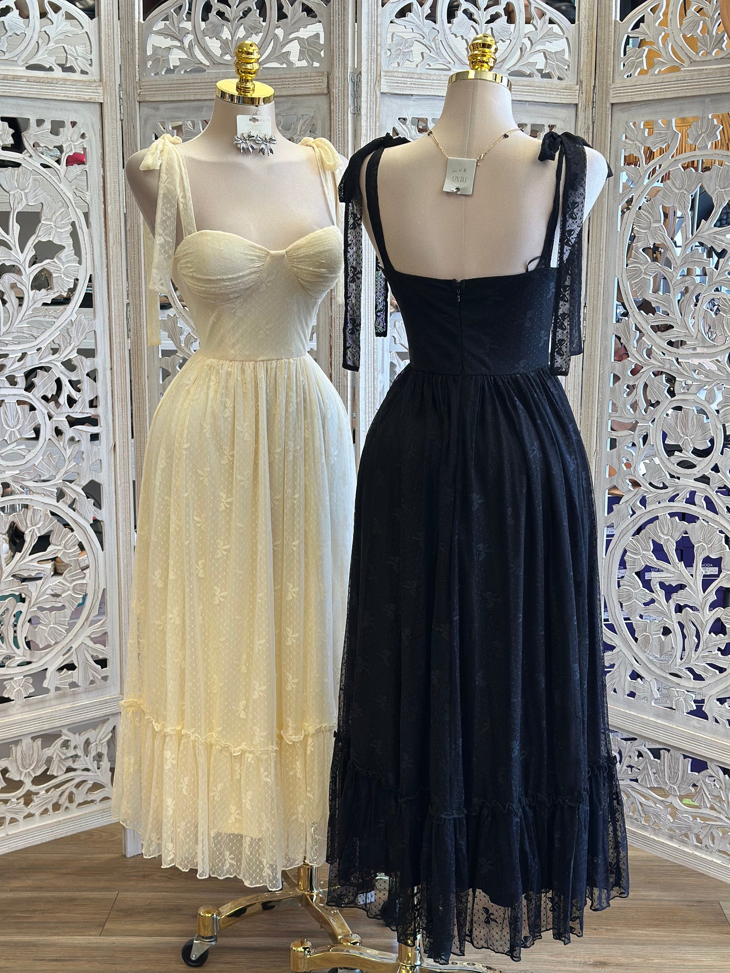 Lace Ribbon Strap Midi Dress - Estira, Stretchy