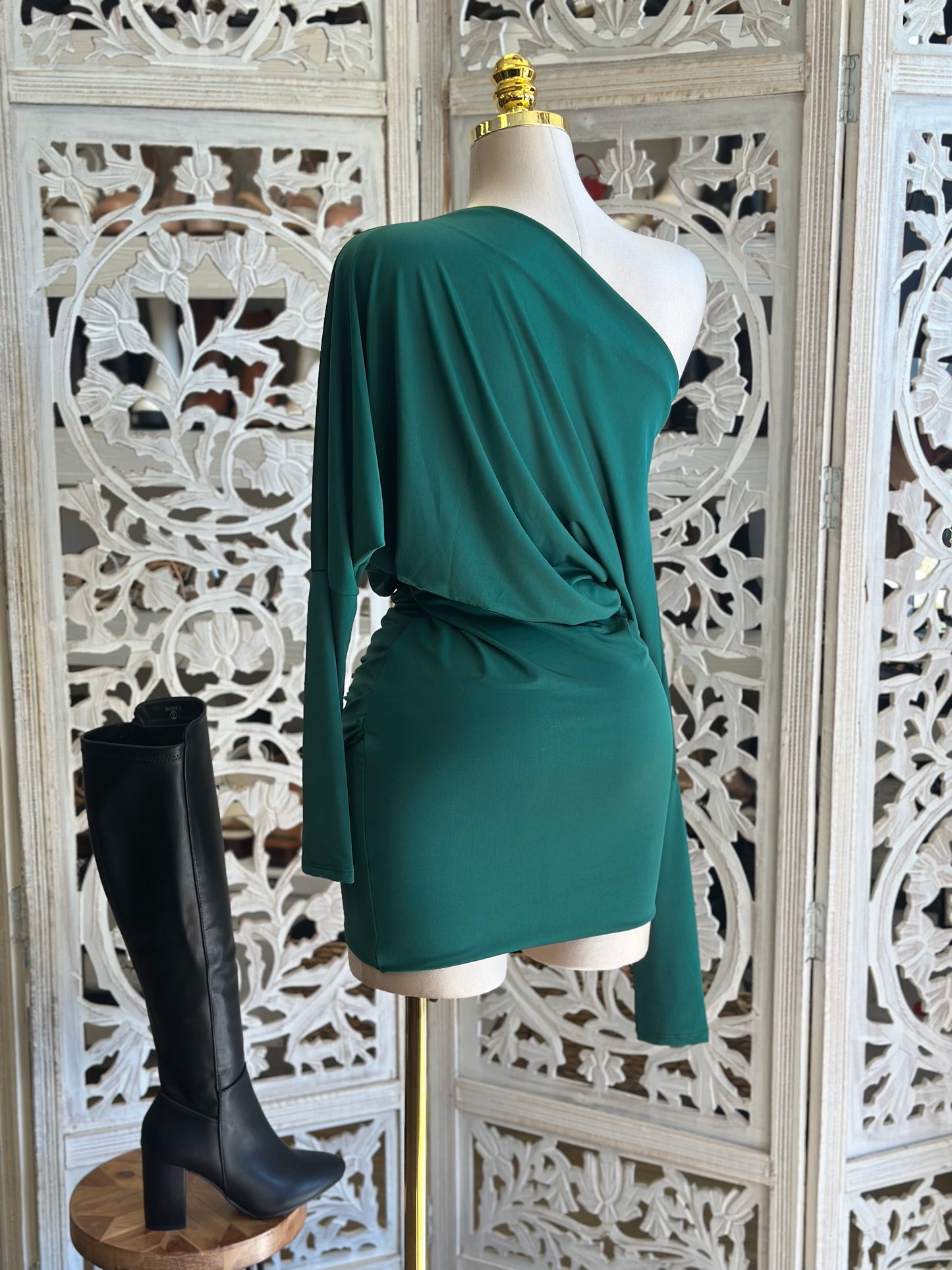 Green Asymmetrical Off Shoulder Mini Dress- Stretchy,Estira