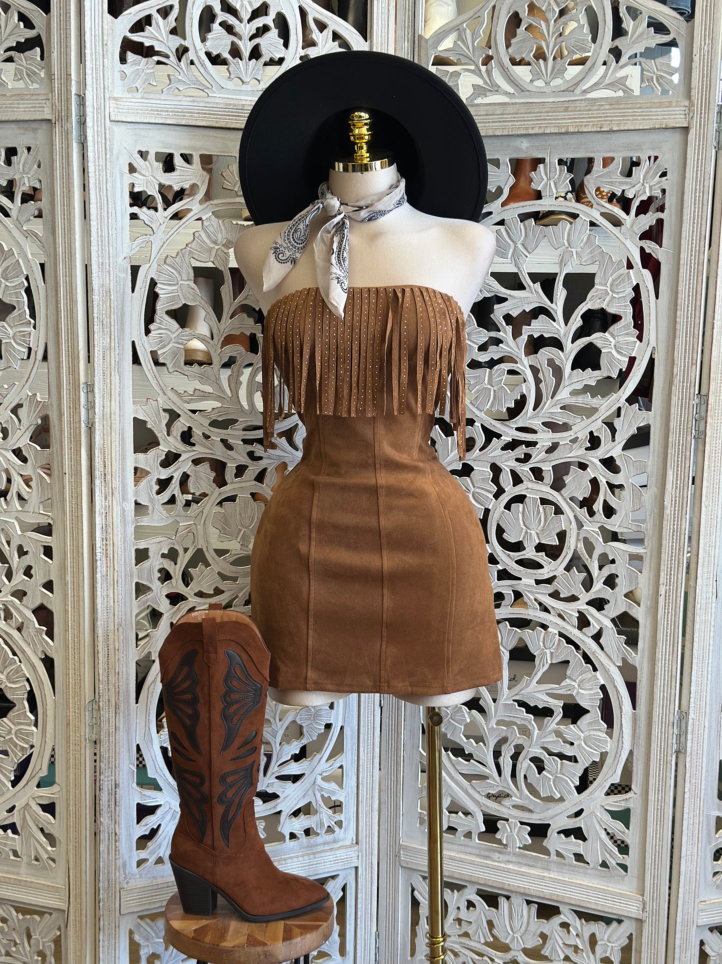 Suede Fringe Mini Dress-Estira, Stretchy