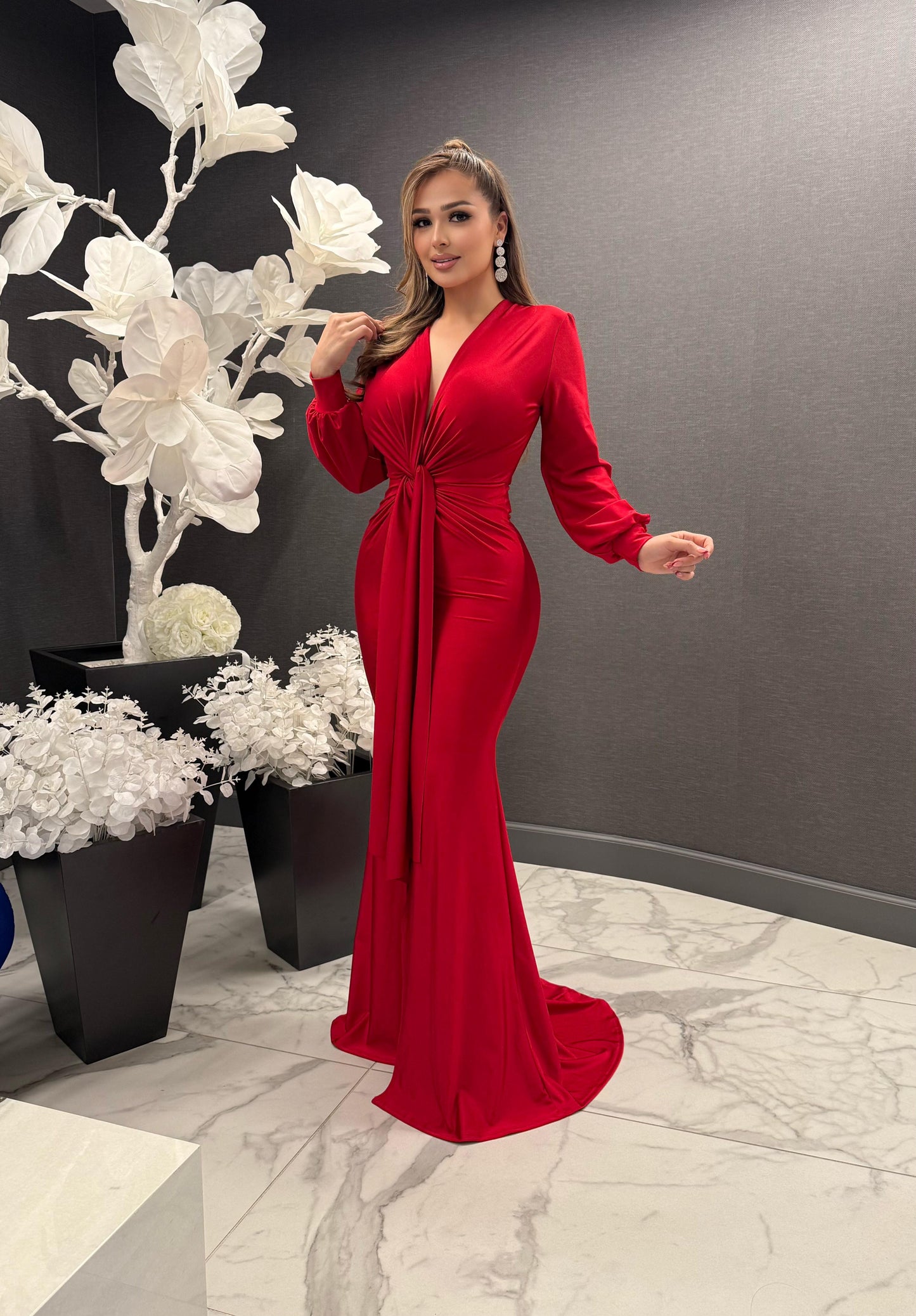 Bright Red Knotted Gown-Stretchy,Estira