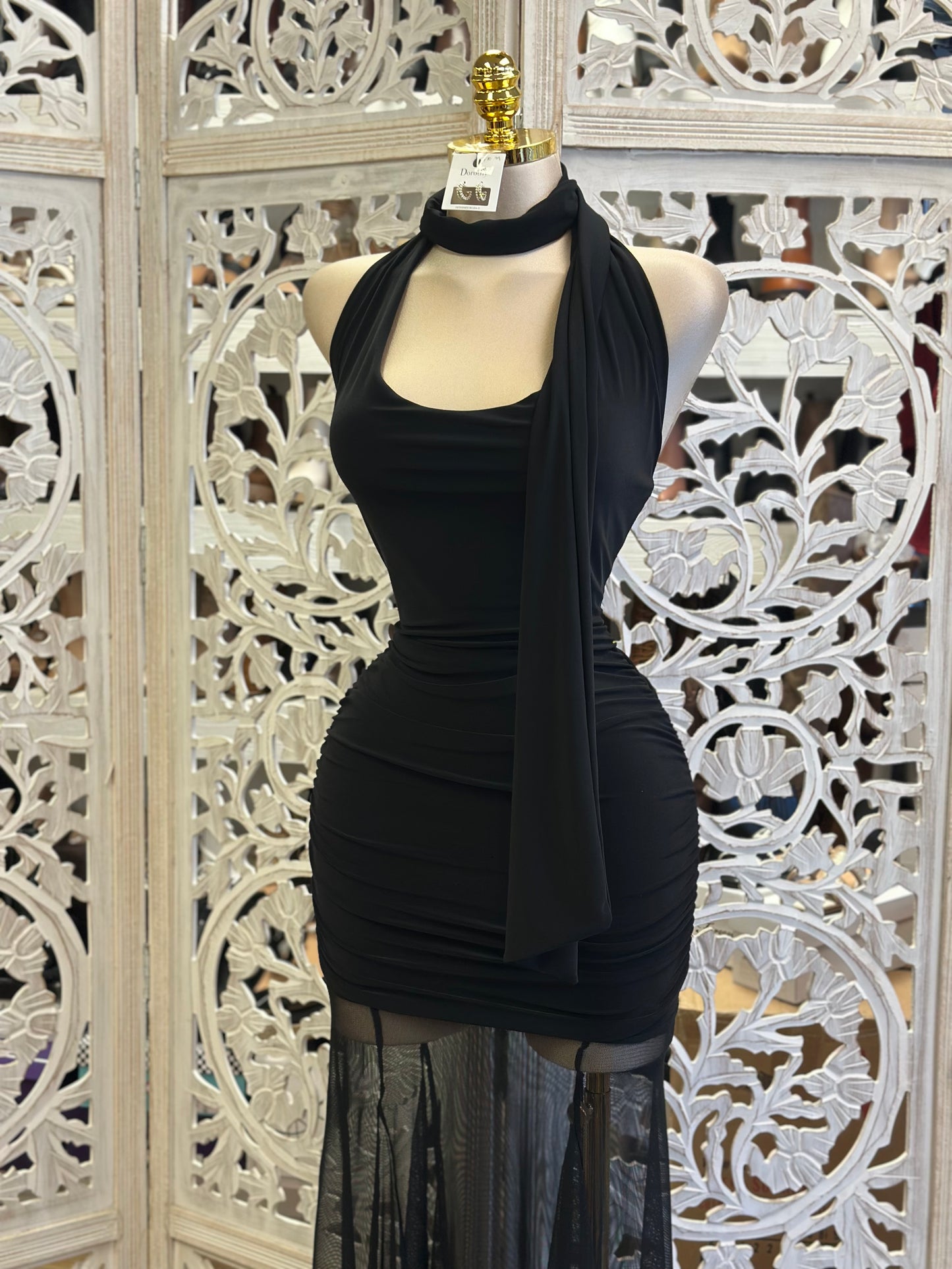 Black Mesh Scarfed Gown -Stretchy,Estira