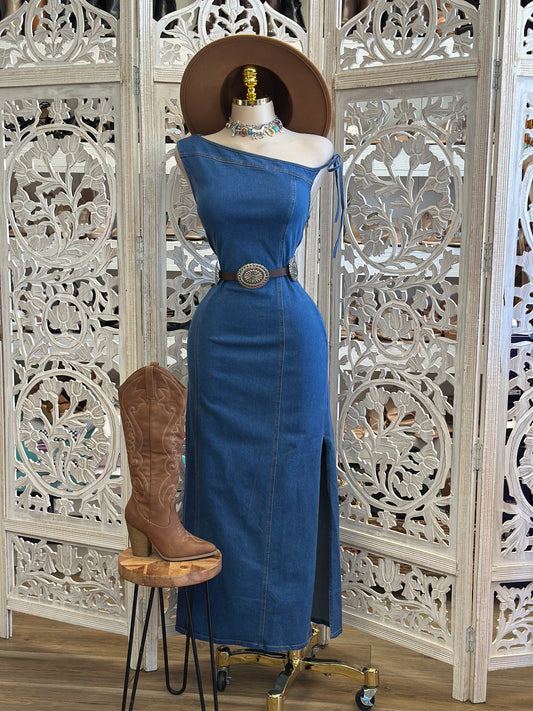 Denim Off Shoulder Midi Dress- Slightly Stretchy, Estira Poco
