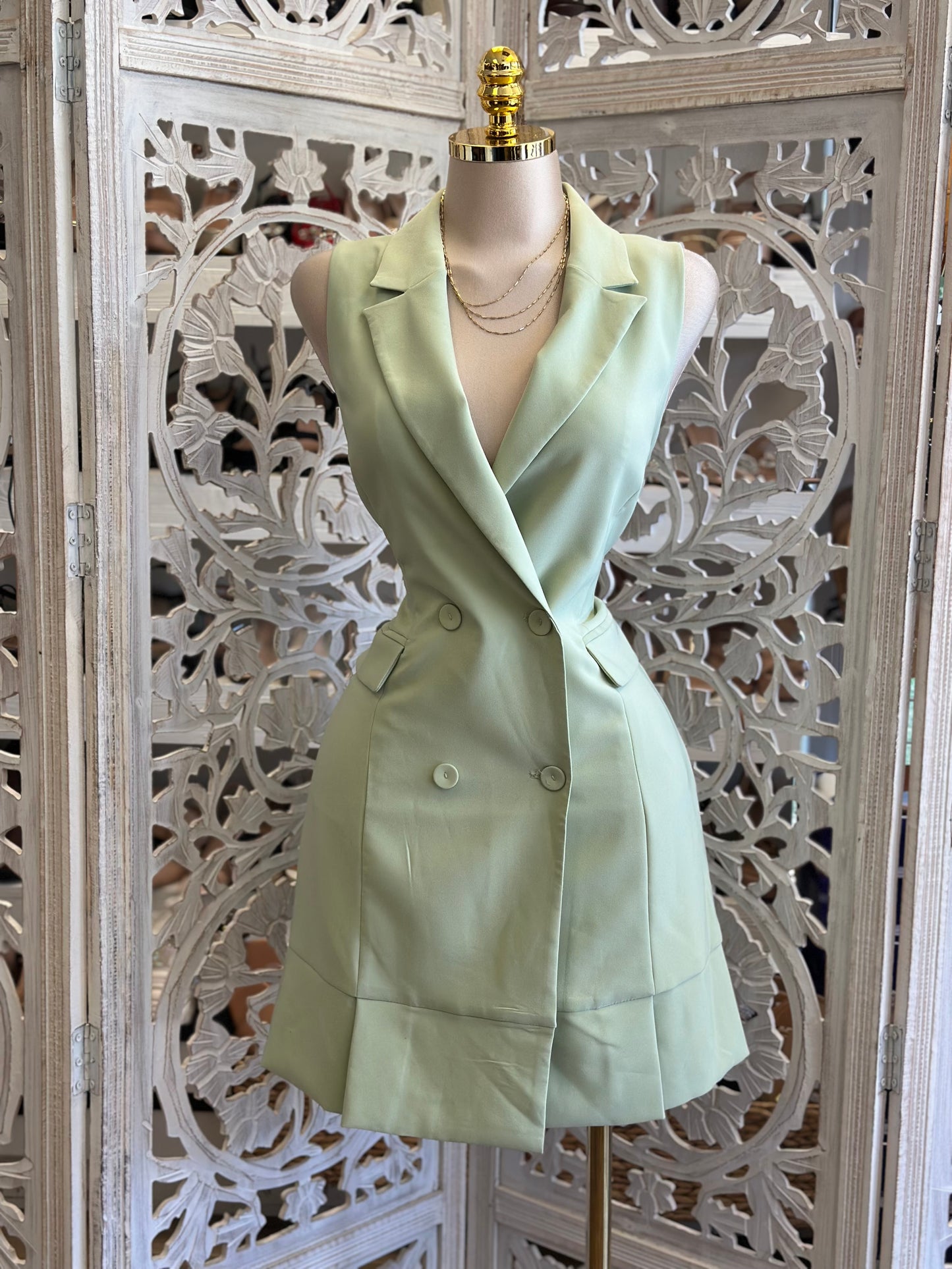 Light Green Vest Crossover Dress- Slightly Stretchy , Estira Poco