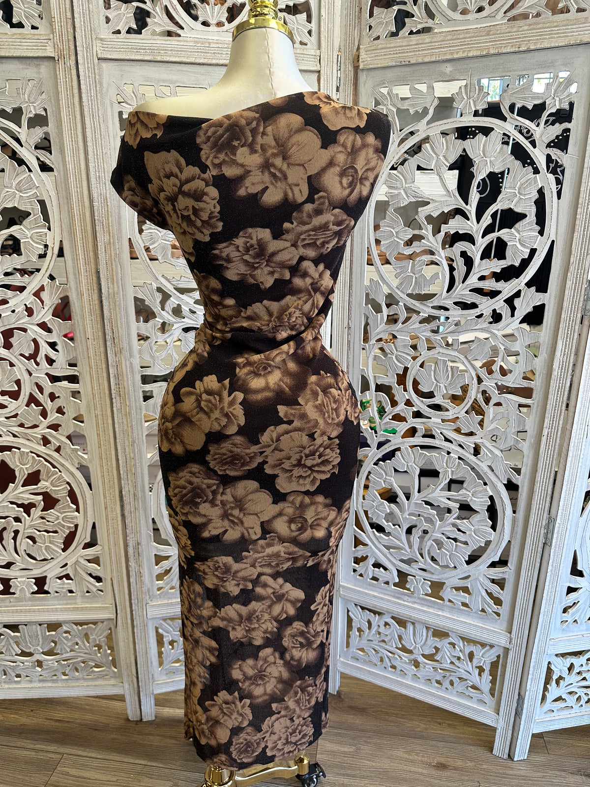 Sepia Bloom Column Dress- Estira, Stretchy