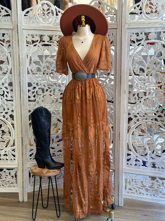 Sheer Embroidered Rust Maxi Dress - Estira, Stretchy