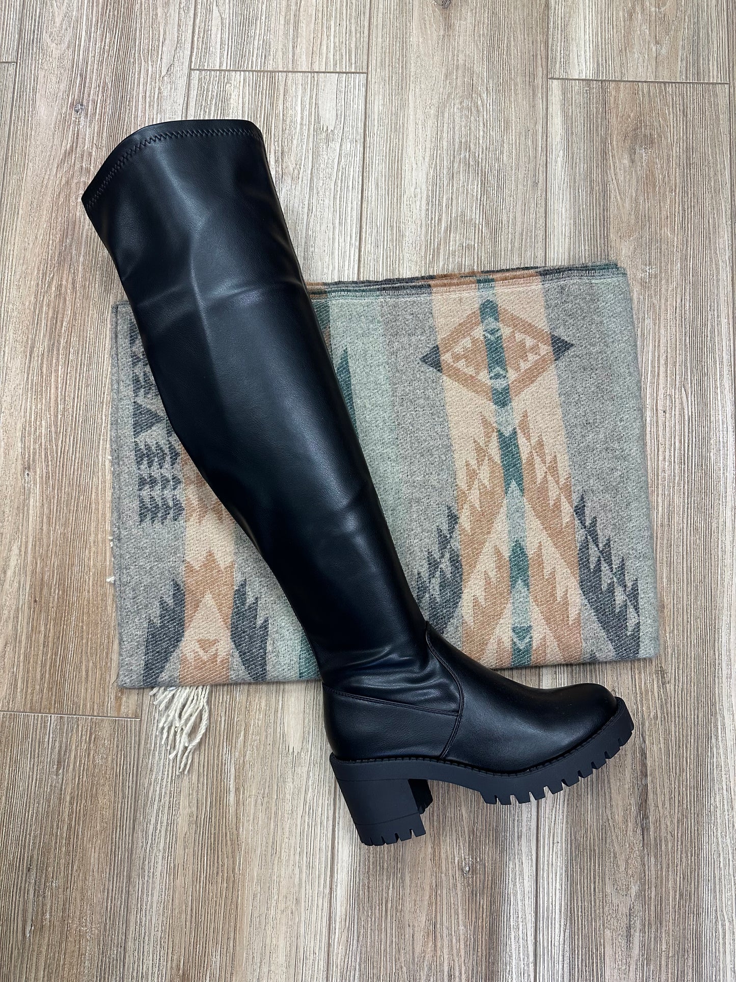 Black Faux Leather Thick Heeled Long Boot