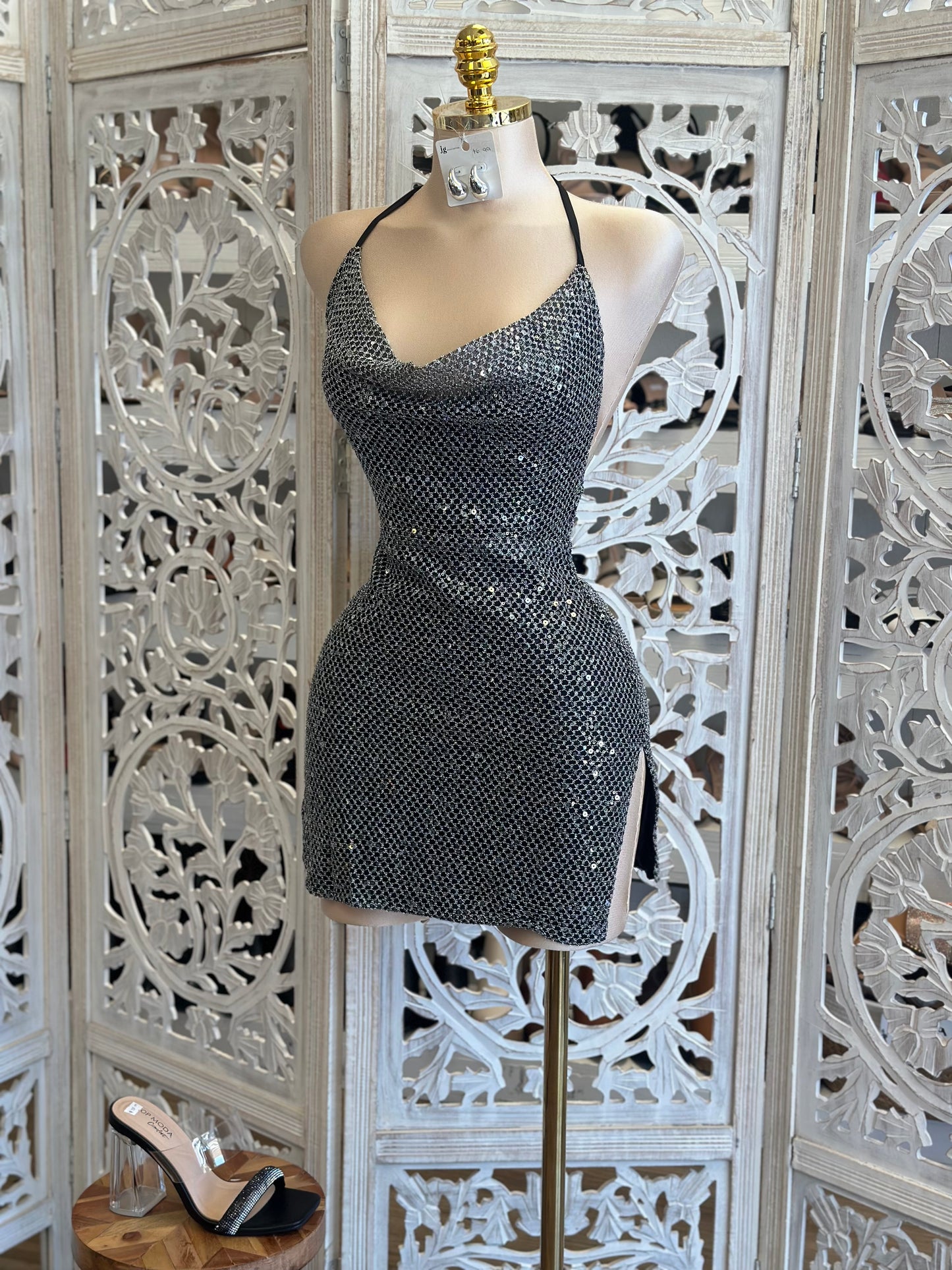 Rhinestone Cowl Neck Mini Dress- Stretchy , Estira
