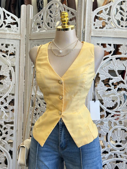 Button up Yellow Vest Top- Estira Poco, Slightly Stretchy