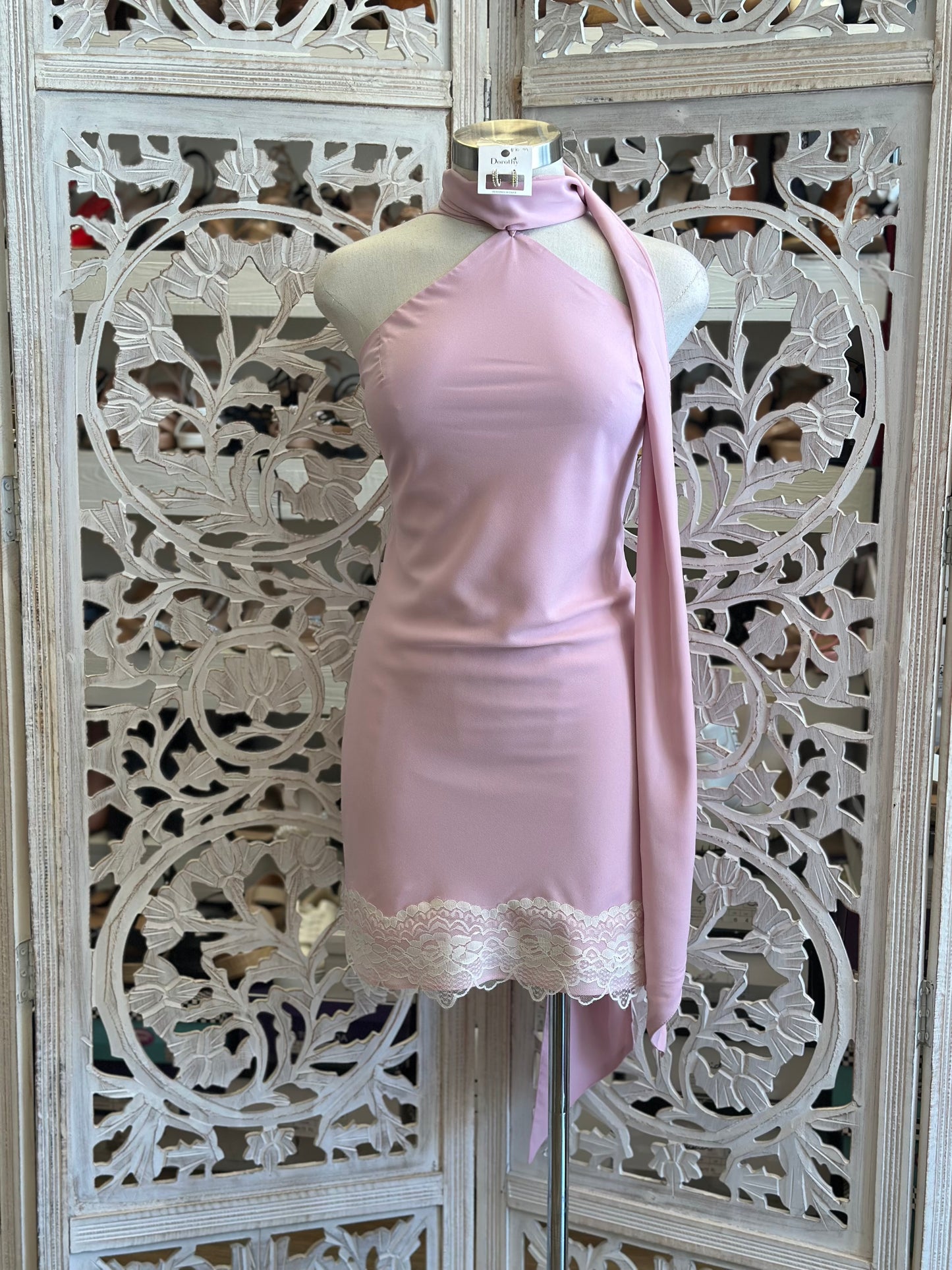 Scarfed Pink Lace Mini Dress- Not Stretchy, No Estira