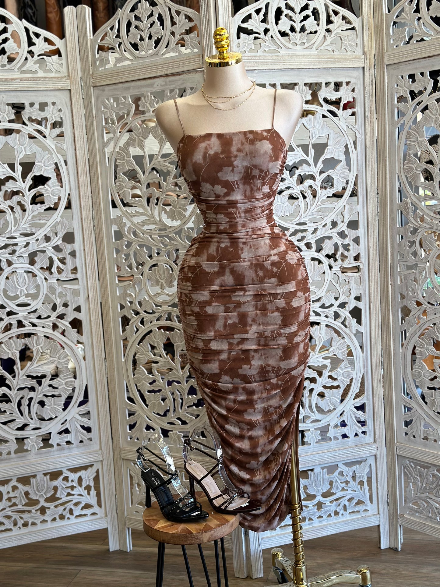 Brown Pattern Cami Mesh Midi Dress - Estira, Stretchy