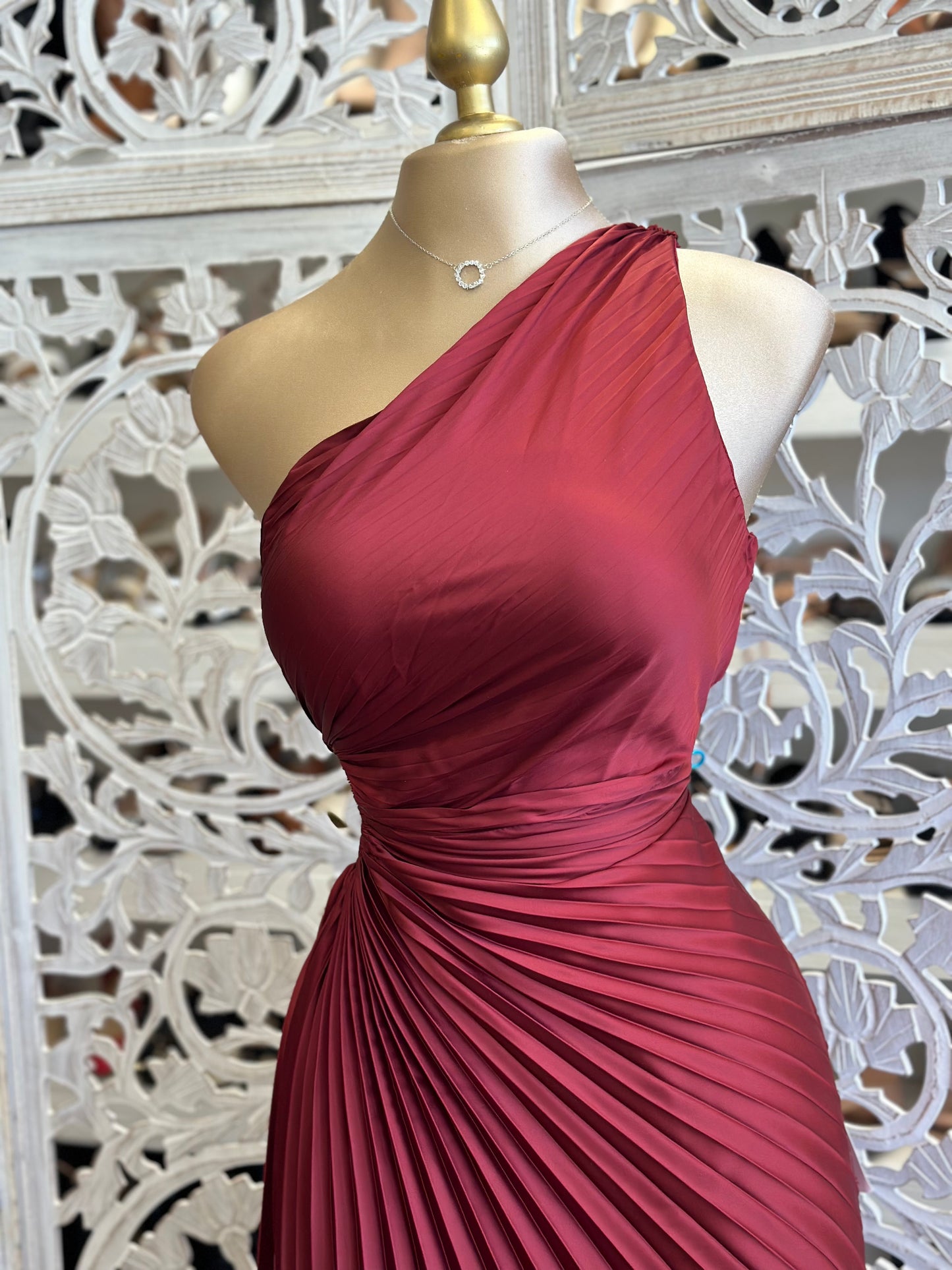 Burgundy Pleated One Sleeve Cutout Dress - No Estira, Not Stretchy