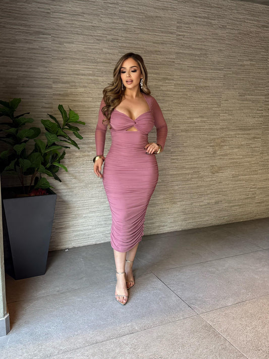 Mauve Pink Mesh Sleeve Cutout Dress-Stretchy,Estira