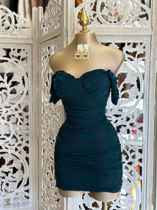 Forest Green Off Shoulder Mink Ruched Dress