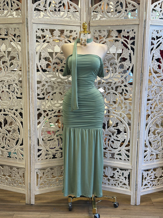 Sage Off Shoulder Scarfed Dress- Stretchy, Estira