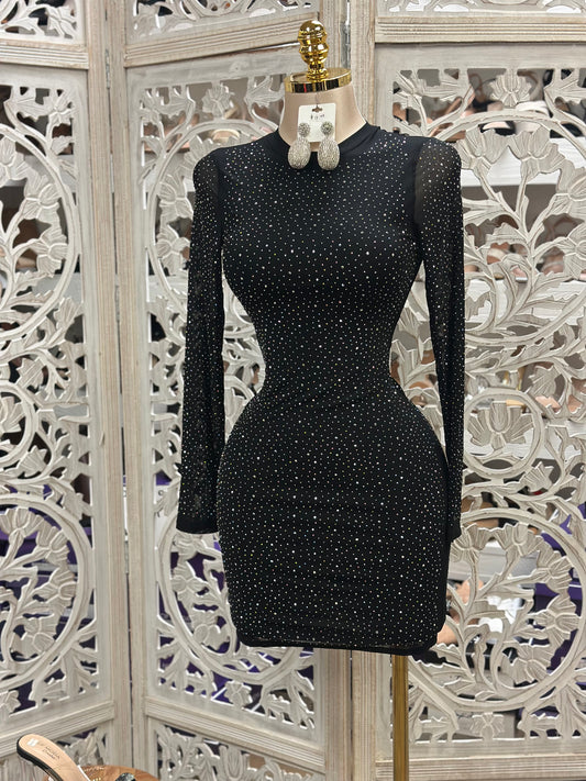 Black Rhinestone Mesh Mini Dress- Slightly Stretchy,Estira Poco