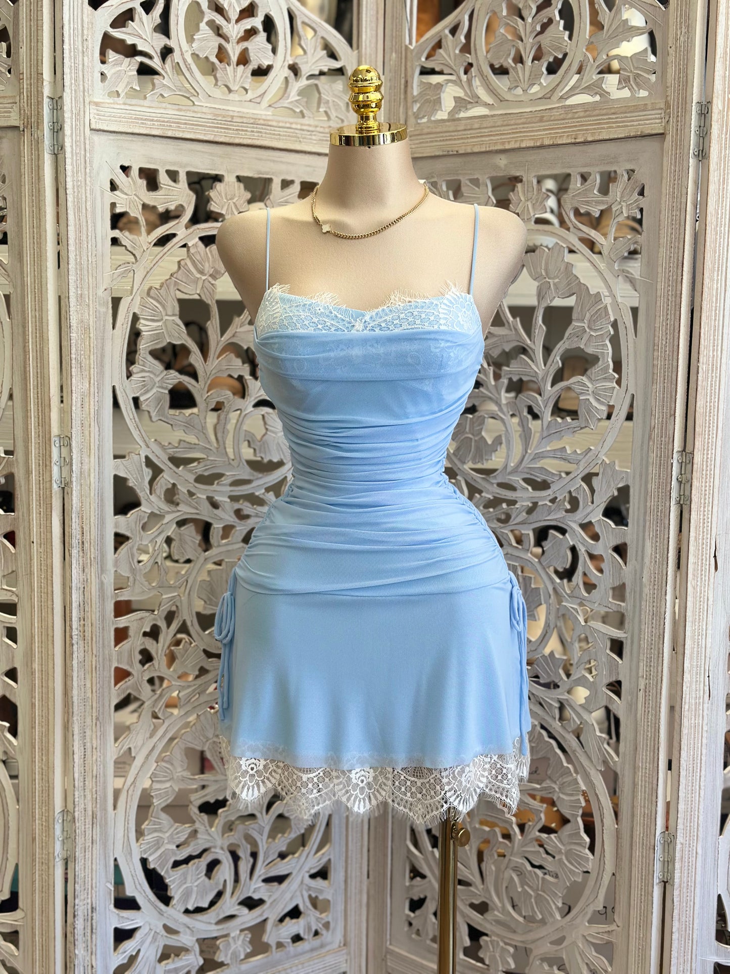 Mesh Blue Lace Mini Dress- Estira, Stretchy