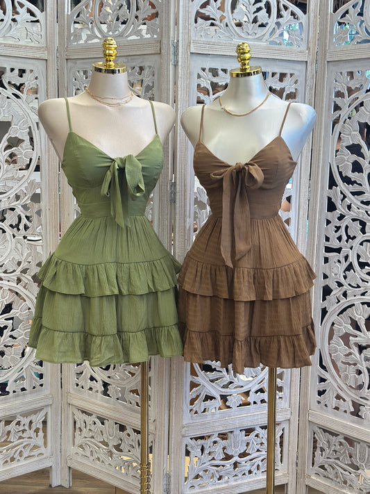 Smocked Knotted Mini Dress- Estira, Stretchy