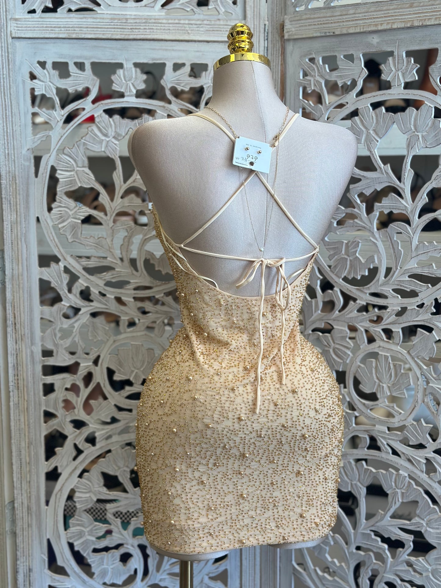 Golden Embellished Mini Dress- Stretchy, Estira