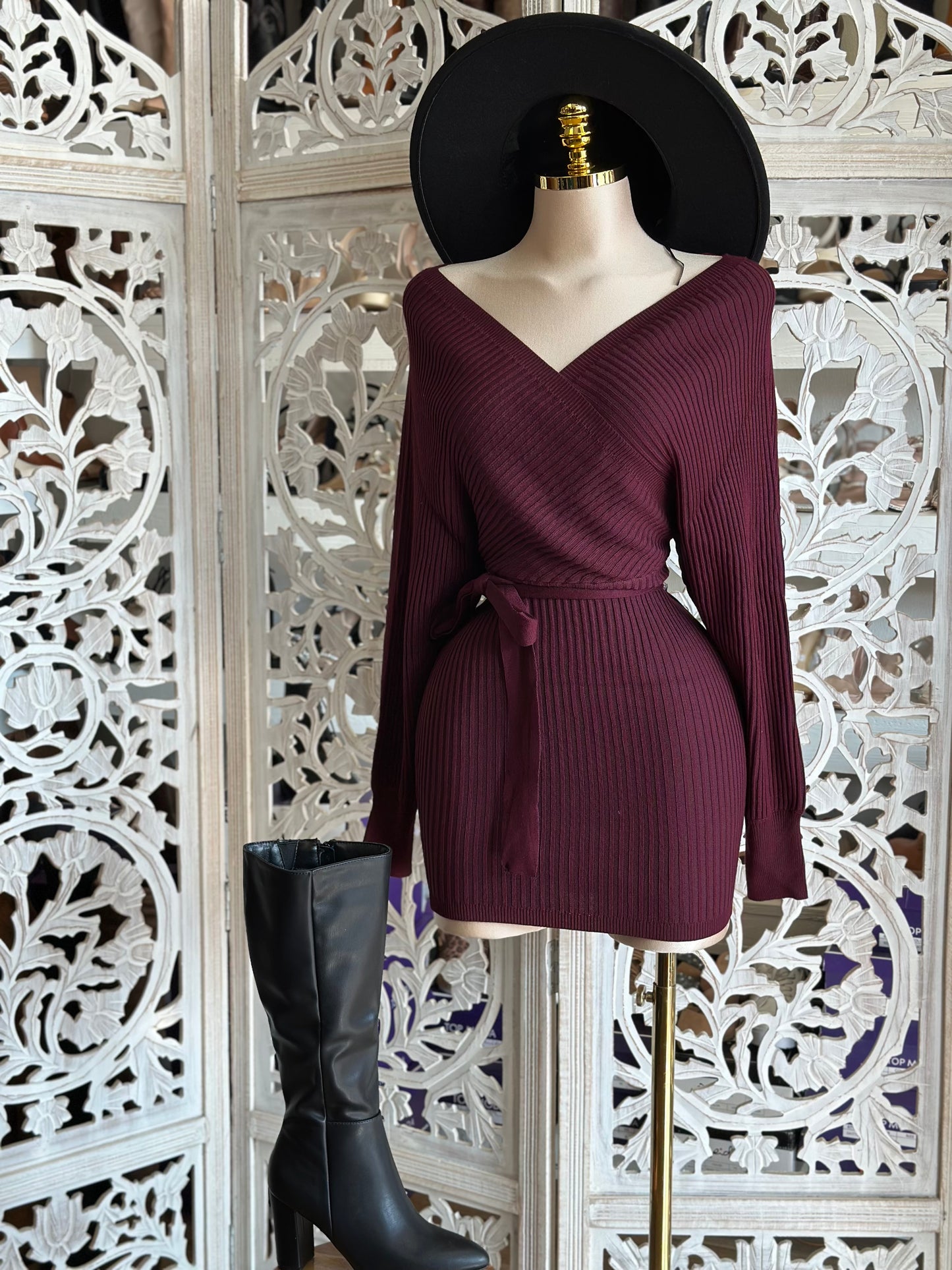 Dark Burgundy Wrapped Sweater Mini Dress- Stretchy,Estira