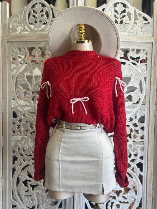 Bright Red Ribbon Detail Knit Sweater