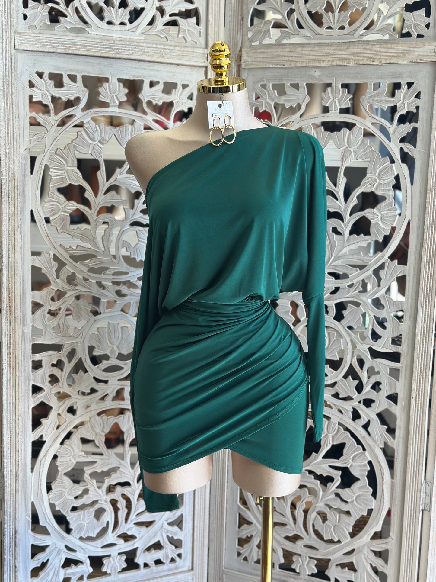 Green Asymmetrical Off Shoulder Mini Dress- Stretchy,Estira