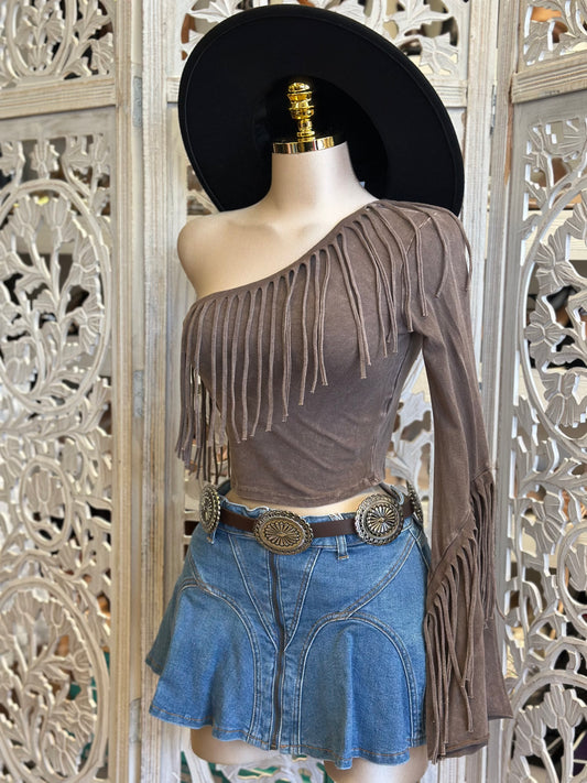 One Sleeve Brown Wash Fringe Blouse - Estira, Stretchy