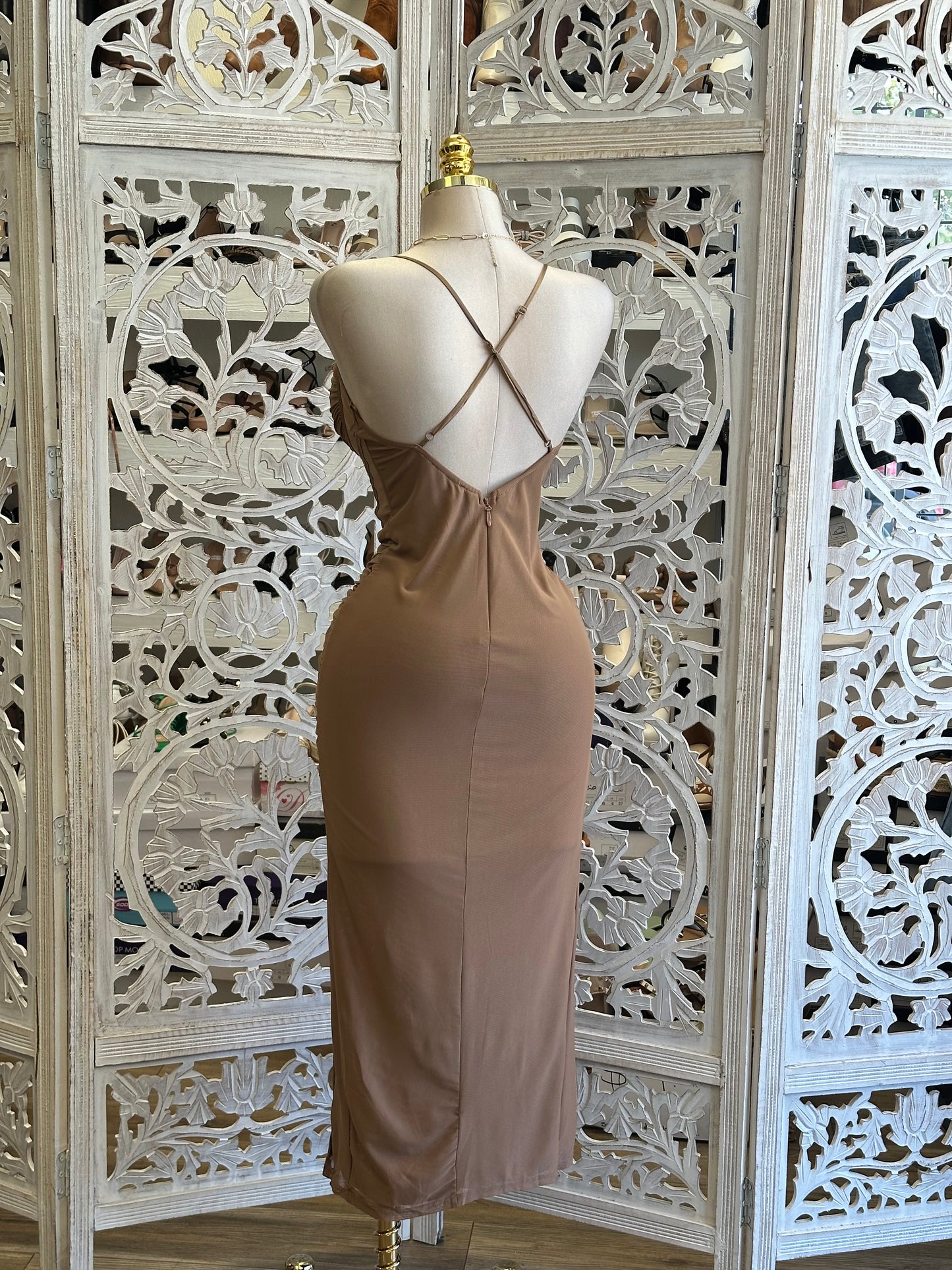 Brown Satin Lined Halter Corset Dress-Estira Stretchy
