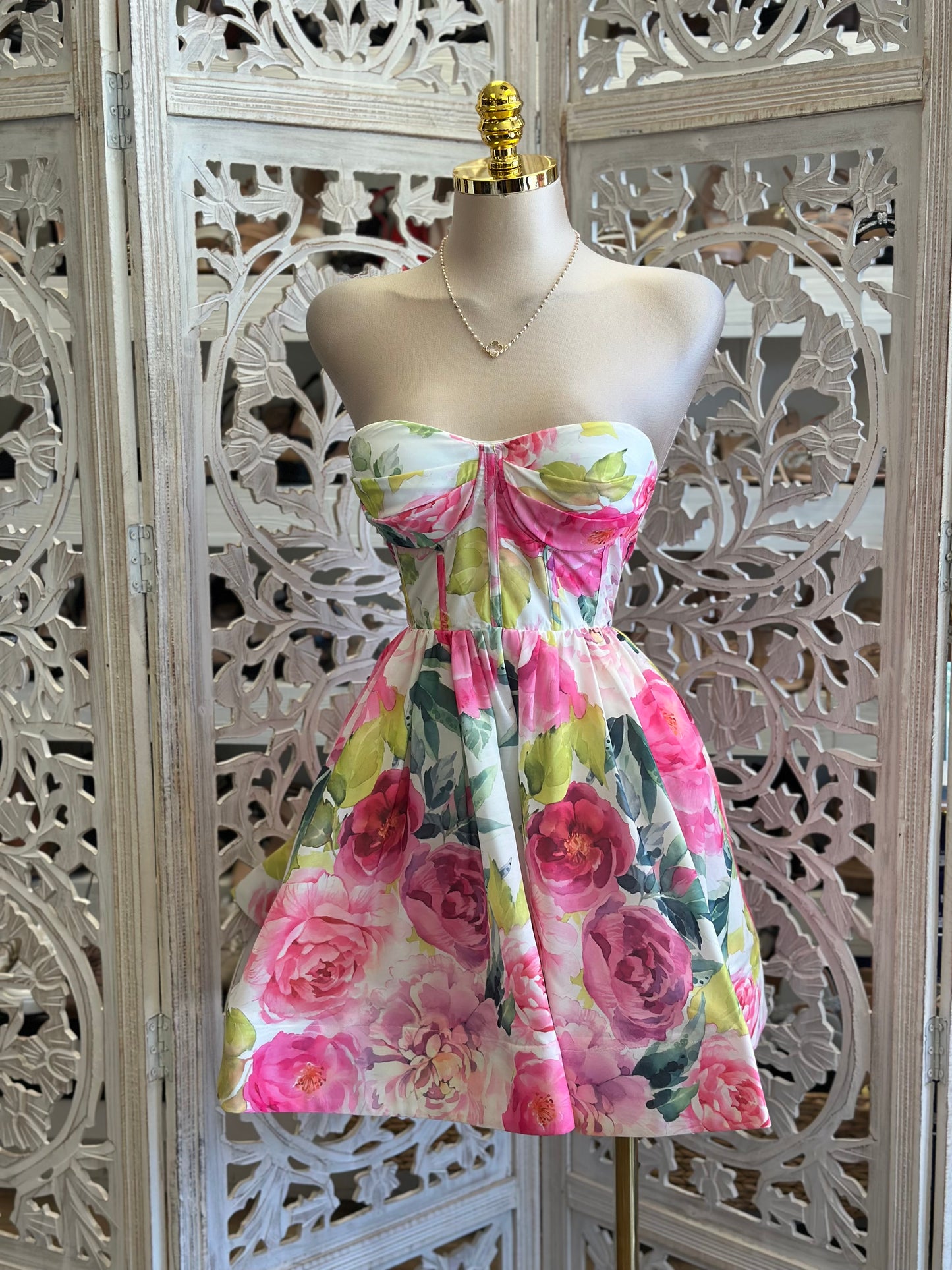 Bright Pink Strapless Floral Mini Dress- Slightly Stretchy , Estira Poco
