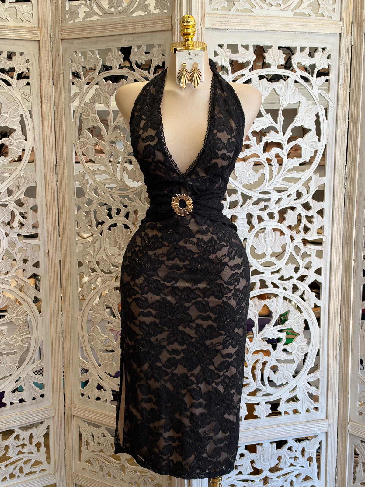Amara Brooch Midi Dress- Estira , Stretchy