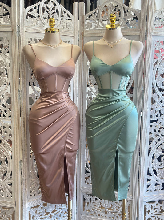 Mesh Corset Slit Midi Dress- Stretchy, Estira