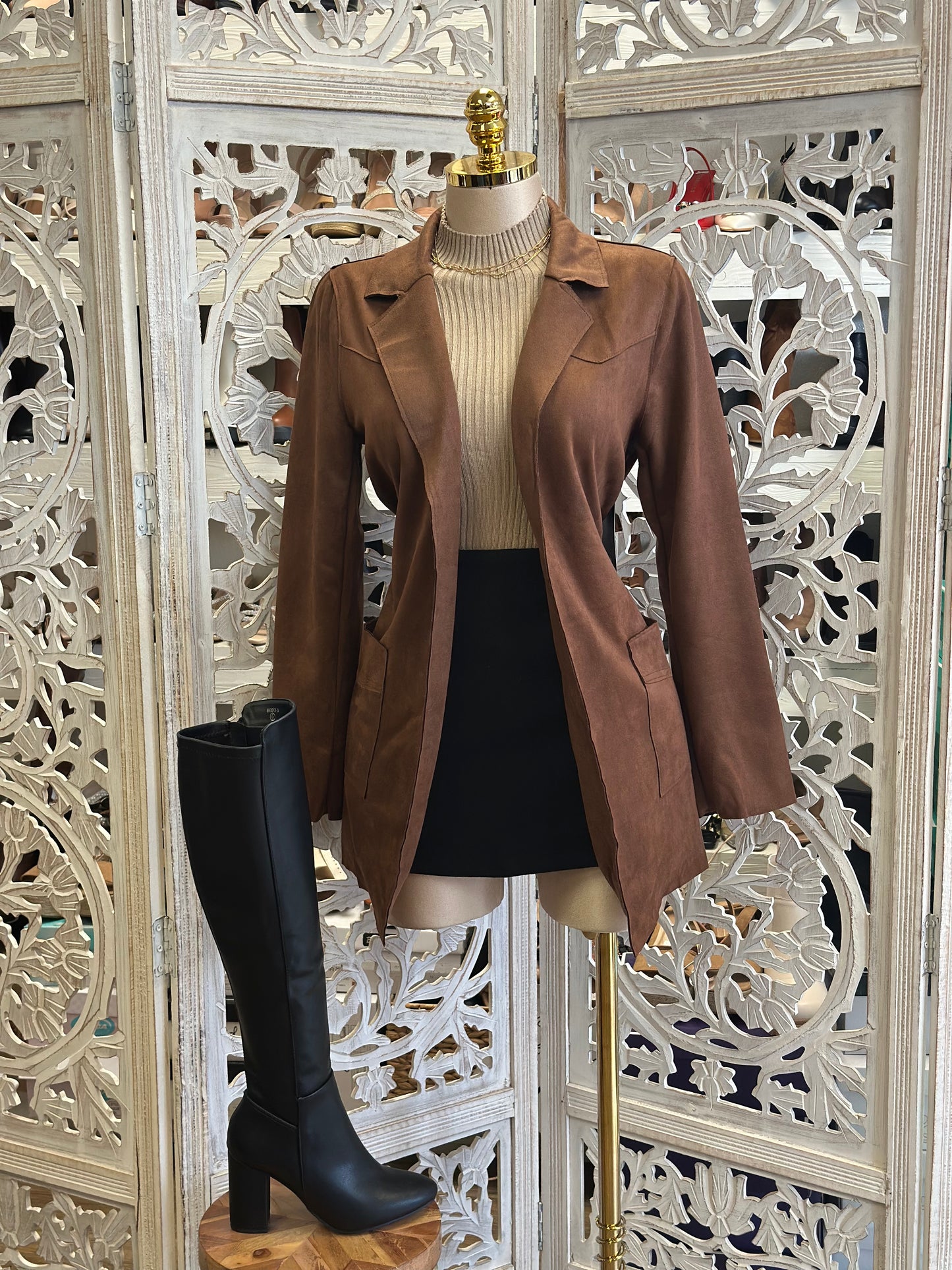 Brown Suede Pocketed Midsize Coat
