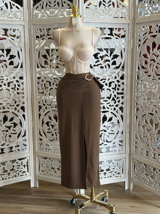 Brown Brass Midi Skirt-  Stretchy , Estira