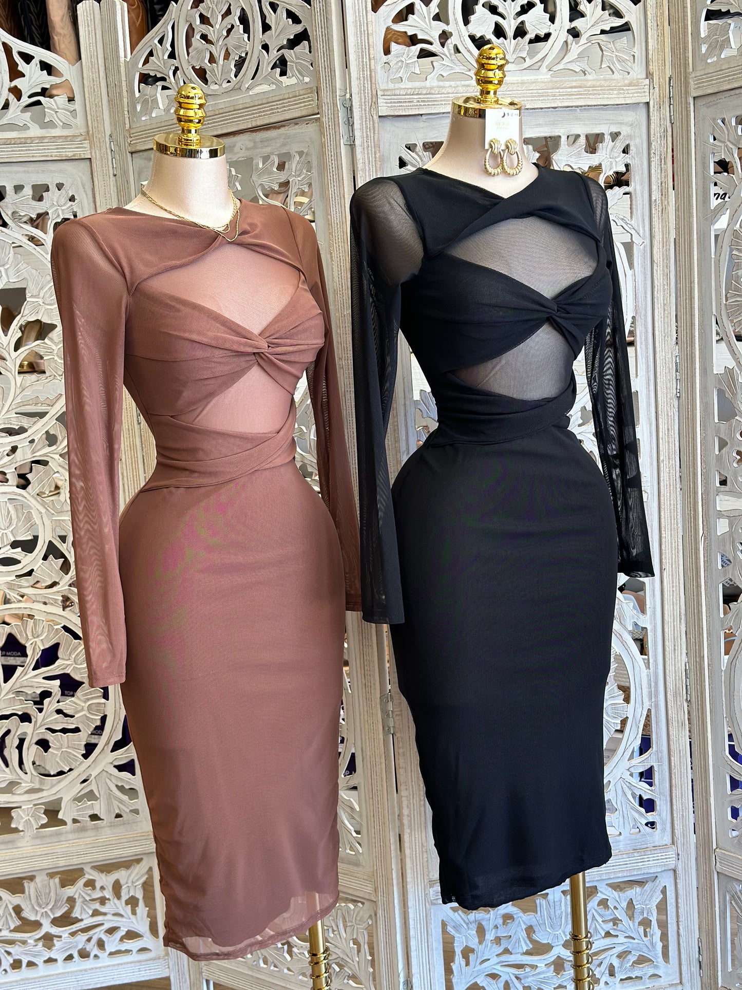 Knotted Long Sleeve Mesh Midi Dress - Estira, Stretchy